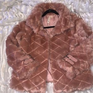 Pink owl faux fur coat